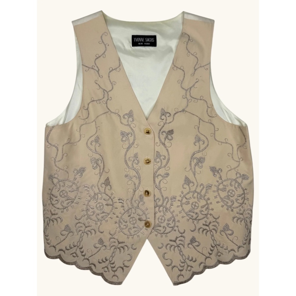 Yvonne Sachs New York Embroidered Vest Beige Scalloped Hem Tie Back Vintage